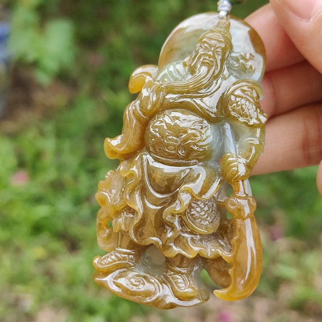 Special Sales - Very Rare Brown and Light Green Natural Type A Jadeite Jade crafted with Guan Gong as Pendant with certificate weigh 66.01 grams, measurement 70 * 43.7 * 18 mm (pendant228) Yi Pin Qian