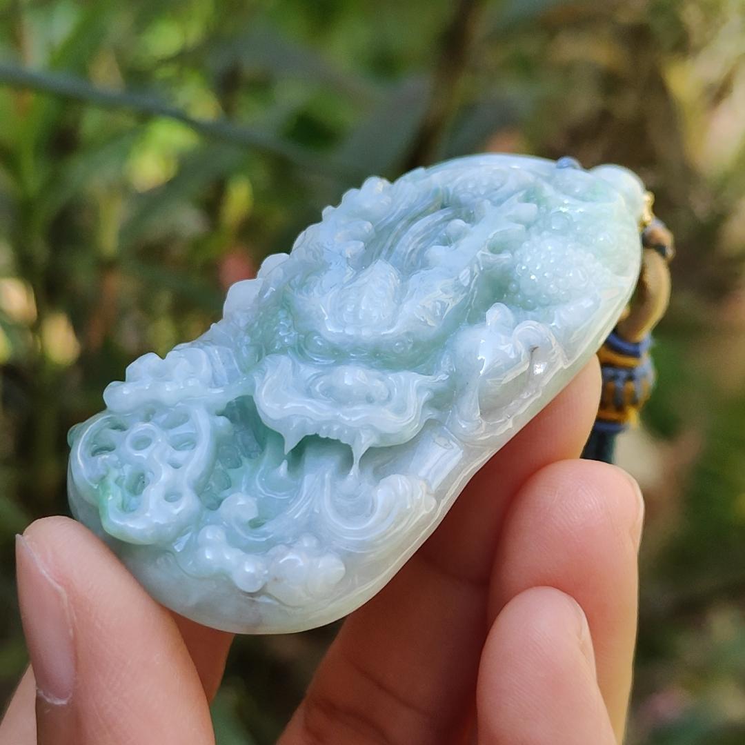 Blueish Green Natural Type A Jadeite Pendant Necklace crafted with Dragon and Fengshui Wheel, with QIC approved certificate weigh 39.57 grams, 58 * 29.8 * 12.6 mm, suitable for daily wear (pendant61) Yi Pin Qian