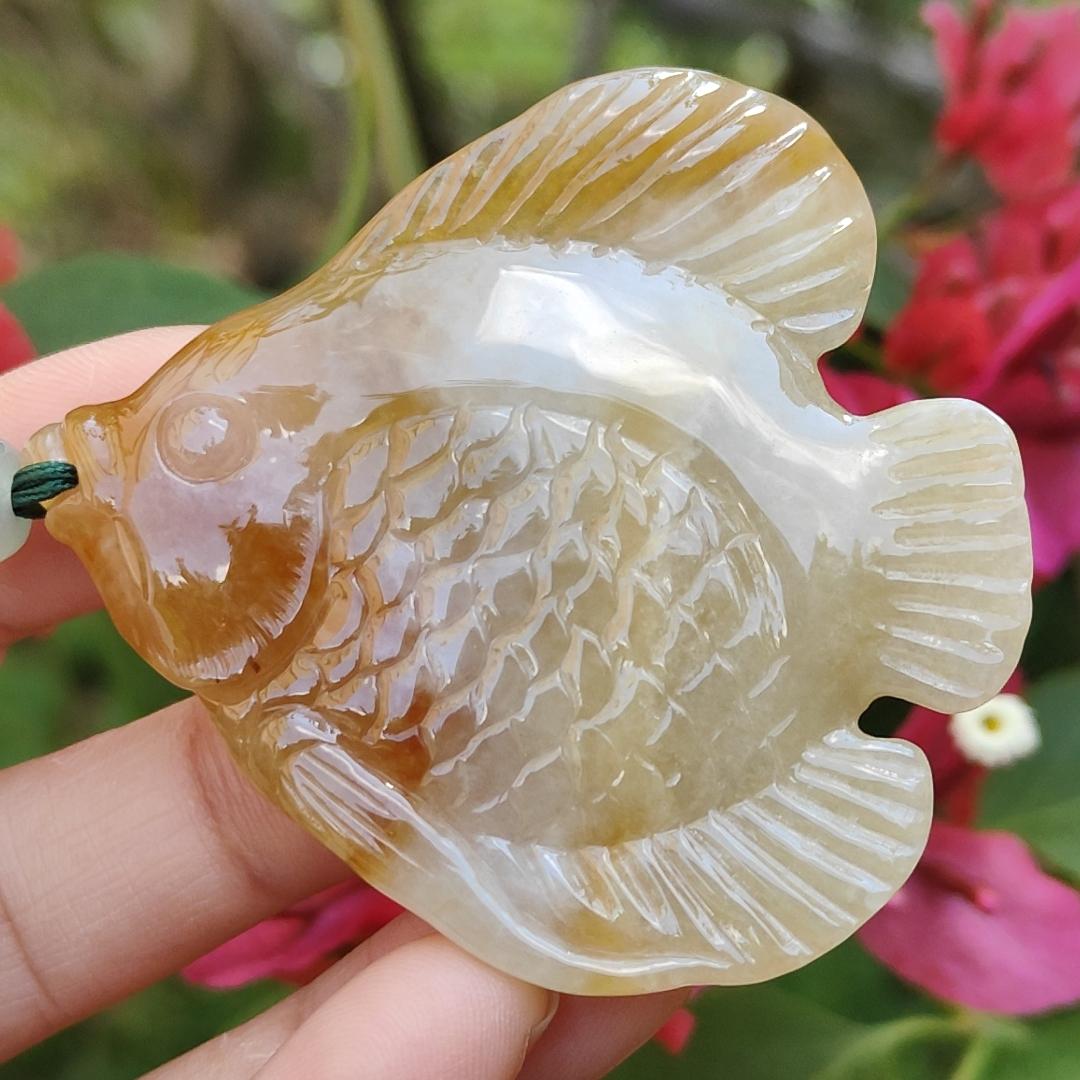 Yellow Natural Type A Jadeite Pendant carved as Fish with certificate weigh 28.33 grams, 55 * 50.2 * 7 mm, meaning Many sons and many blessings, full of children and grandchildren and Life is harmonious and smooth,free from worries and sorrows (pendant77) Yi Pin Qian