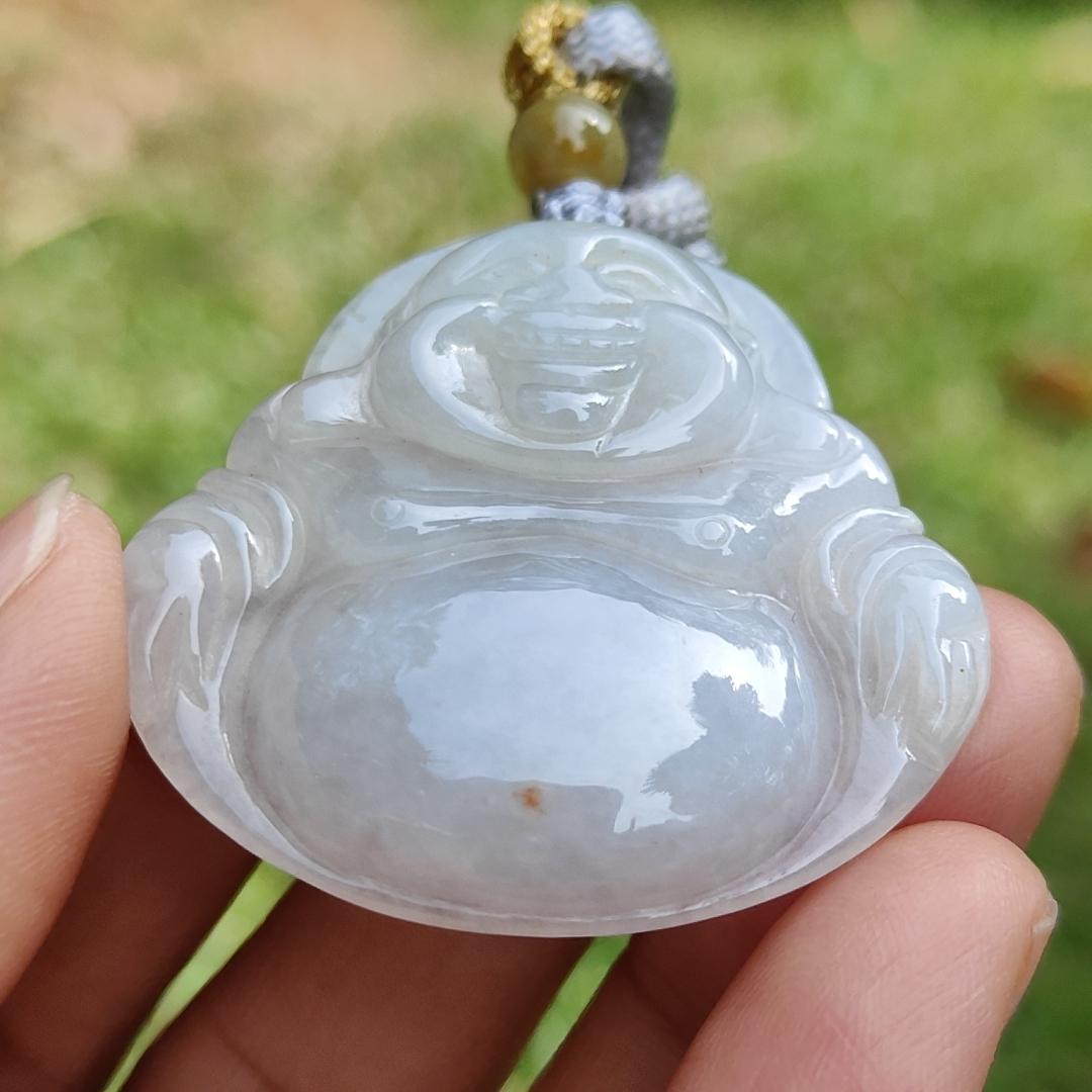 Quality Semi Translucent Natural Type A Jadeite Jade crafted as Milo Buddha as Pendant, certificate weighs 12.57 grams, measurement 37.5 * 38.9 * 6.3 mm (pendant275) Yi Pin Qian