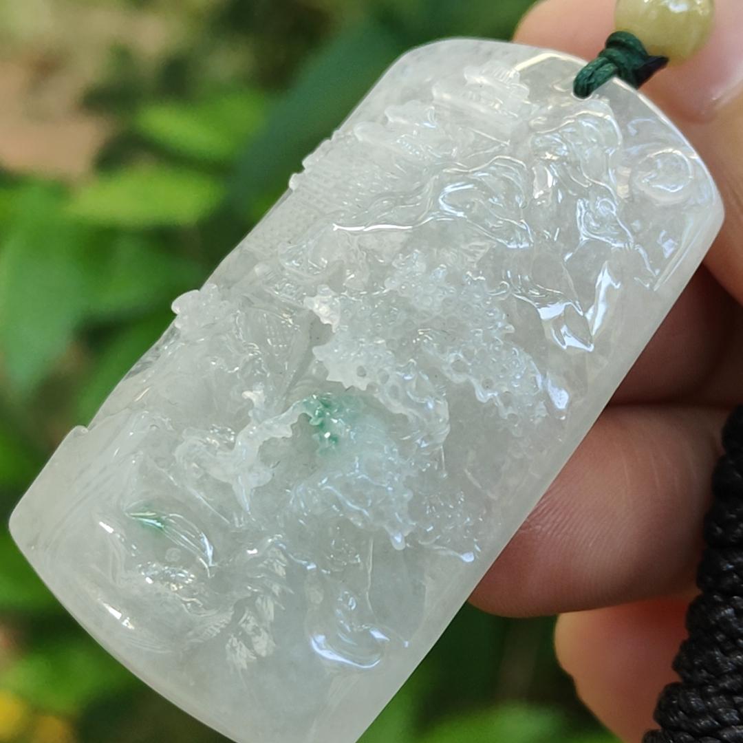 High Quality Good Translucent Light Green with Green Patches Crafted with Scenery Natural Type A Jadeite Jade as Pendant certificate weighs 26.66 grams, measurement 48.1 * 28 * 11.8 (pendant313) Yi Pin Qian Jadeites Jade Jewelry ~Your Precious Quintessential ~ Singapore