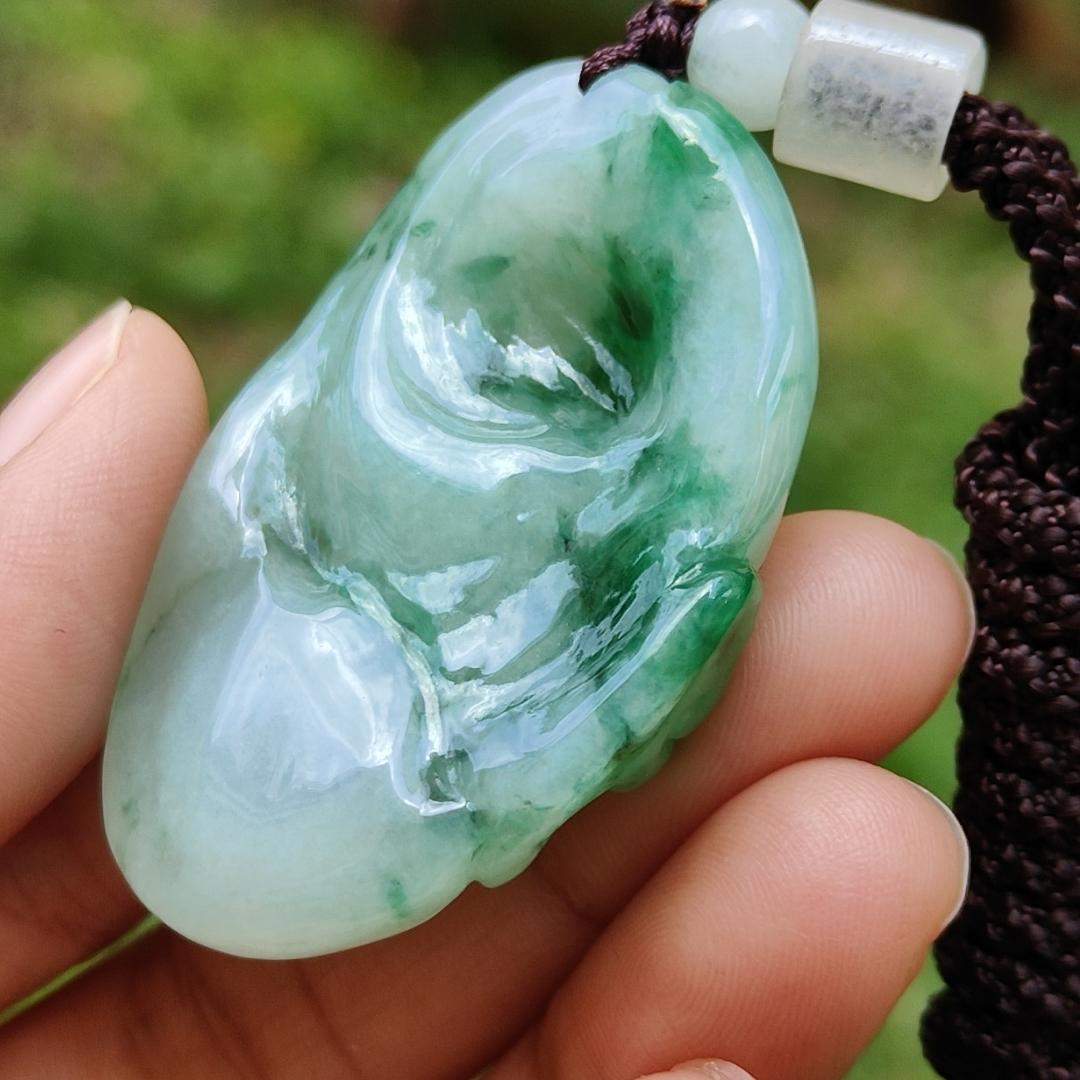 Rare High Quality Light Green and Green Natural Type A Jadeite Jade crafted with Milo Buddha as Pendant, certificate weighs 28.04 grams, measurement 46.3 * 30.3 * 13.9 mm (pendant285) Yi Pin Qian