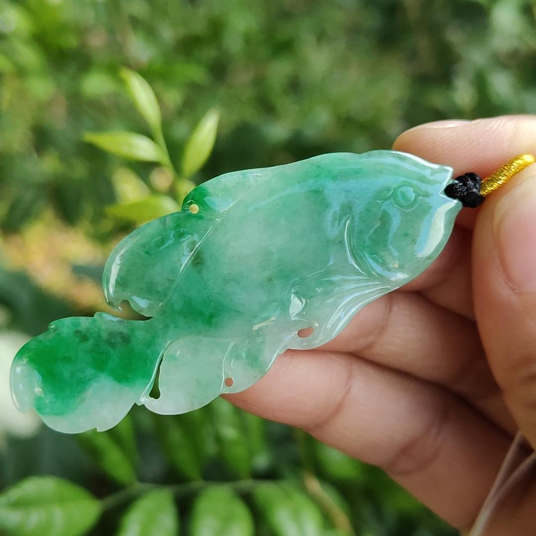 A (Type) Natural Jadeite Jade Light Green with Green crafted as Fish pendant [Collection], certificate weighs 8.69 grams, measurement 59 * 23.6 * 4.6 mm (pendant299) Yi Pin Qian Jadeites Jade Jewelry ~Your Precious Quintessential ~ Singapore