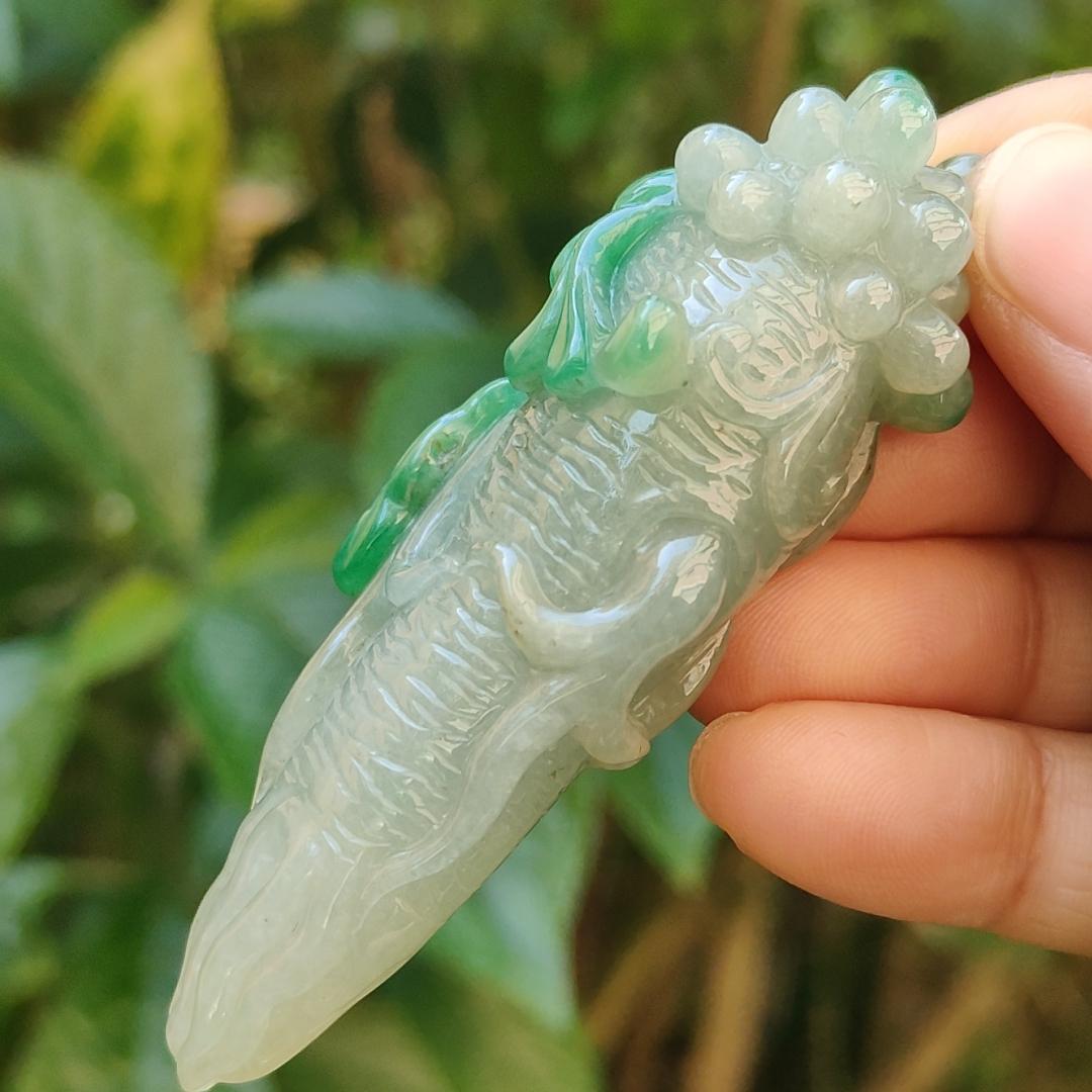 With Green and Light Green Ginseng Ruyi Natural Type A Jadeite pendant come with certificate weight 40.59 grams, 72.30 * 24.80 * 20 mm meaning Auspicious, representing good luck, happiness, joy, and wealth boosting you wearing it (pendant97) Yi Pin Qian