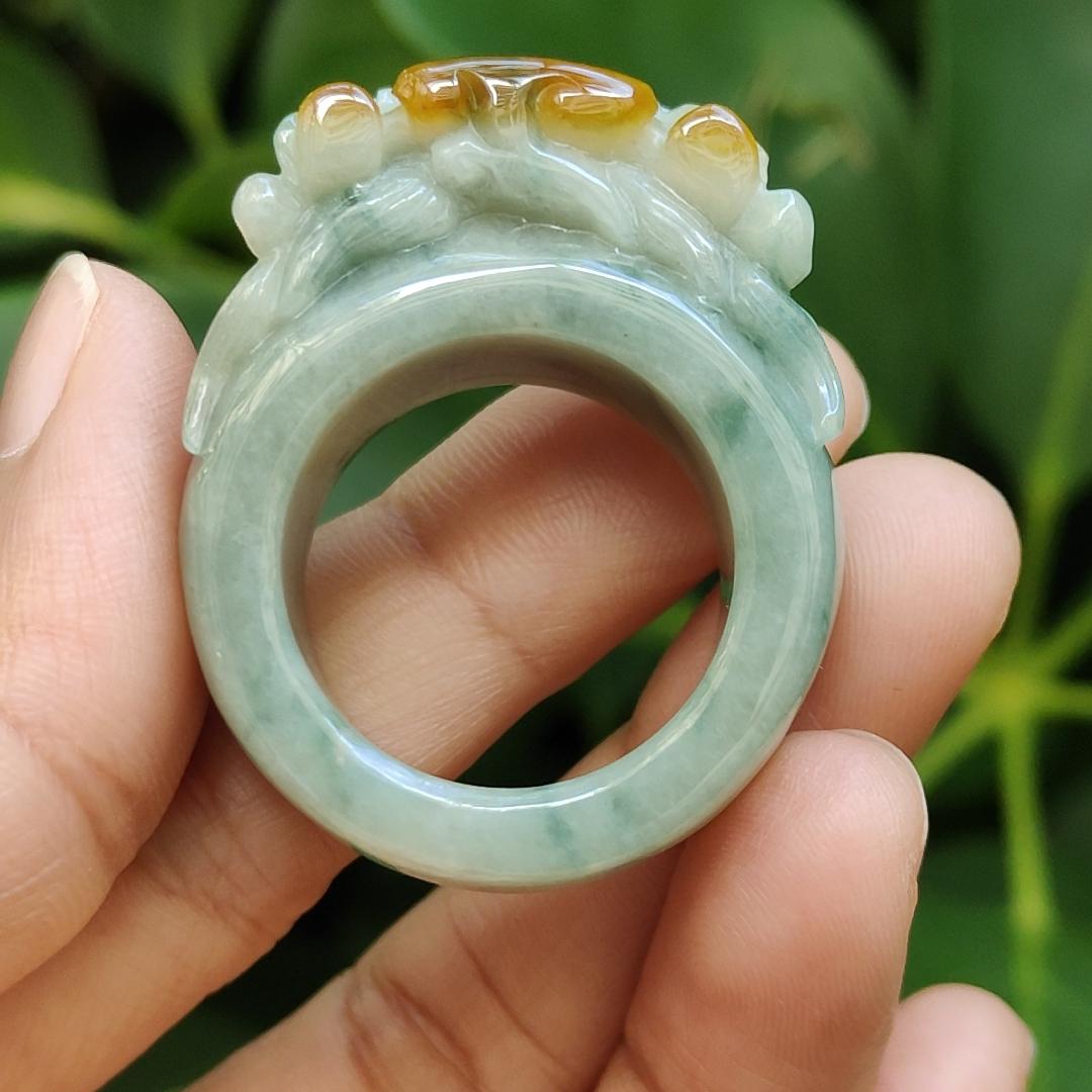 Green Hue Patches and Yellow Natural Type A Jadeite-Jade crafted as Dragon Ring with finger size 20.8mm, certificate weighs 26.8 grams, measurement 39.2 * 31.6 * 15.5 mm (ring12) Yi Pin Qian Jadeites Jade Jewelry ~Your Precious Quintessential ~ Singapore