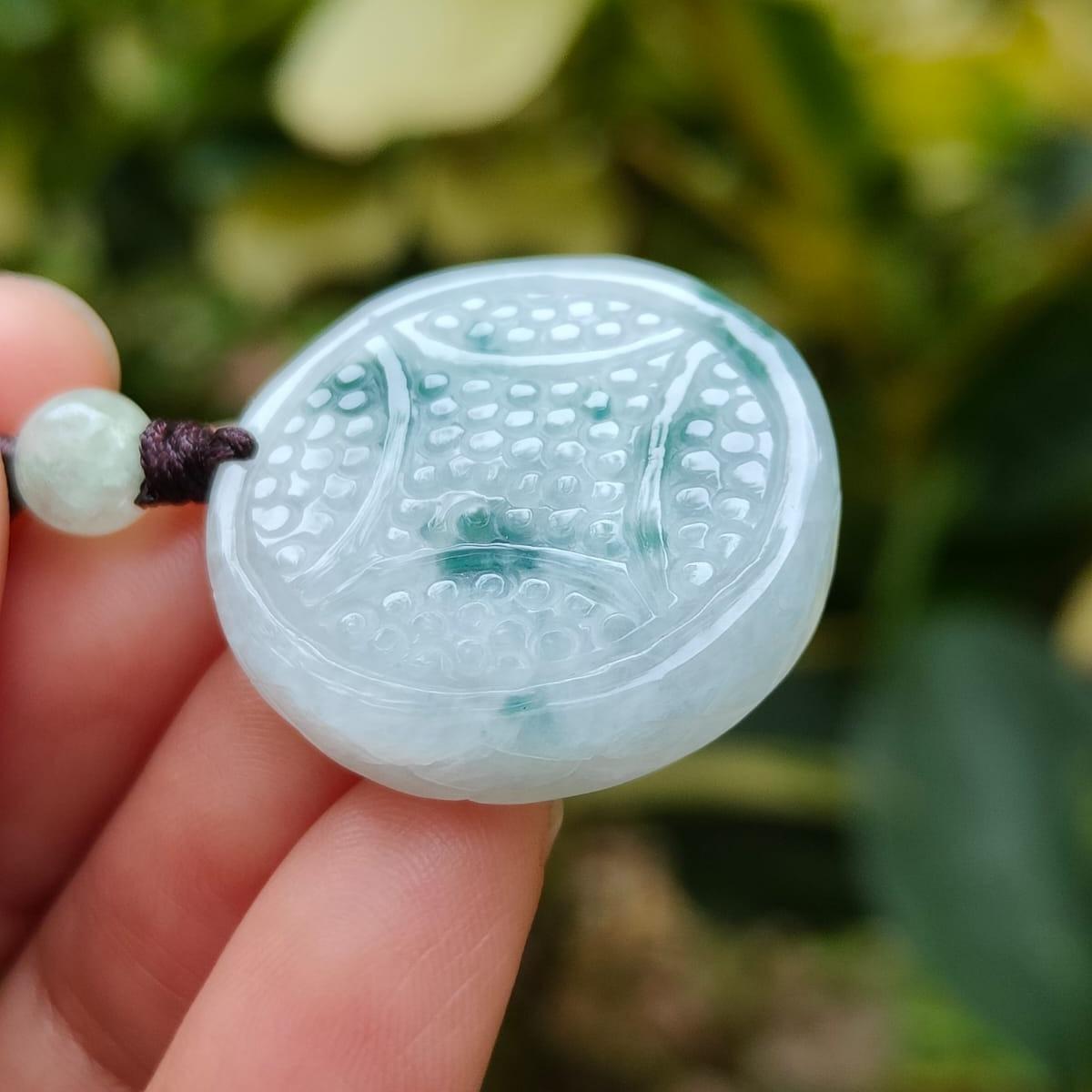 Crafted as coin pendant on Natural Type A Jadeite Jade certificate weighs 10.22 grams, measurement 26.8 * 26.4 * 6.5 (pendant362) Yi Pin Qian Jadeites Jade Jewelry ~Your Precious Quintessential ~ Singapore