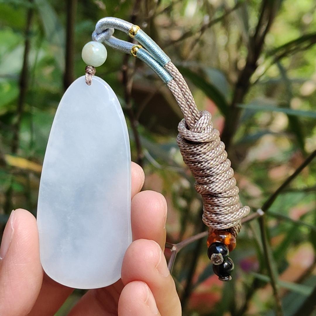 Crafted as the faceless buddha Semi Icy Natural Type A Jadeite Pendant Necklace with certificate weigh 14.03 grams, 58 * 26 * 4.9 mm, suitable for daily wear Yi Pin Qian