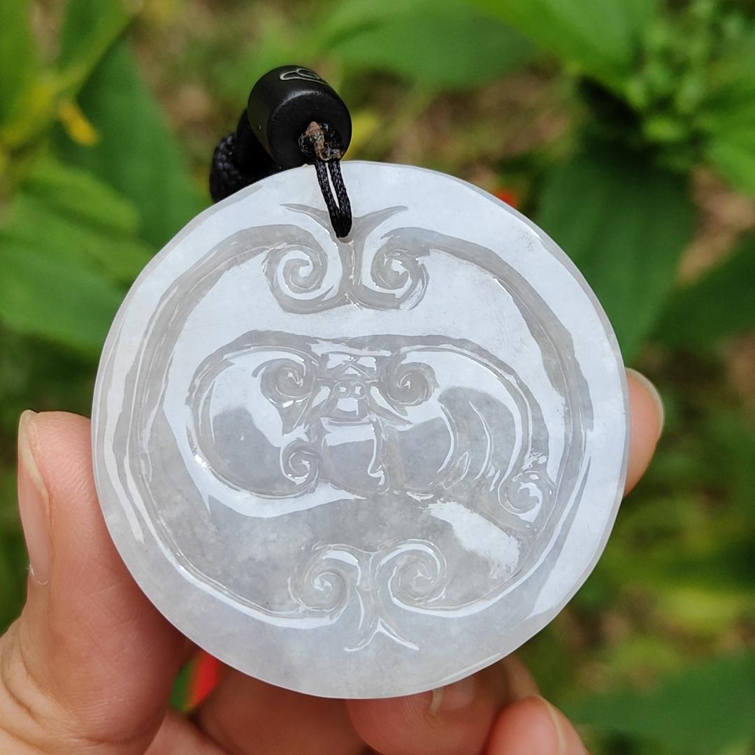 Yellow and Purple with some spreads of red patches Natural Type A Jadeite Pendant Necklace crafted with double pixiu, coin and bat boosting your luck, money and blessing, certificate included weigh 41.87 grams, 45 * 44.9 * 13 mm Yi Pin Qian