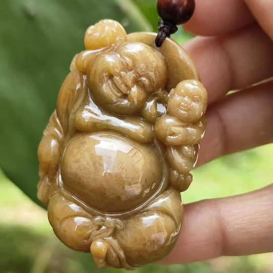 Rare Full Brown Natural Type A Jadeite Pendant crafted as Milo with two kids means Happiness for the family and Longevity, wealth and health, with certificate weighs at 61.27 grams, 48.50 * 41 * 21.60 mm (pendant110) Yi Pin Qian