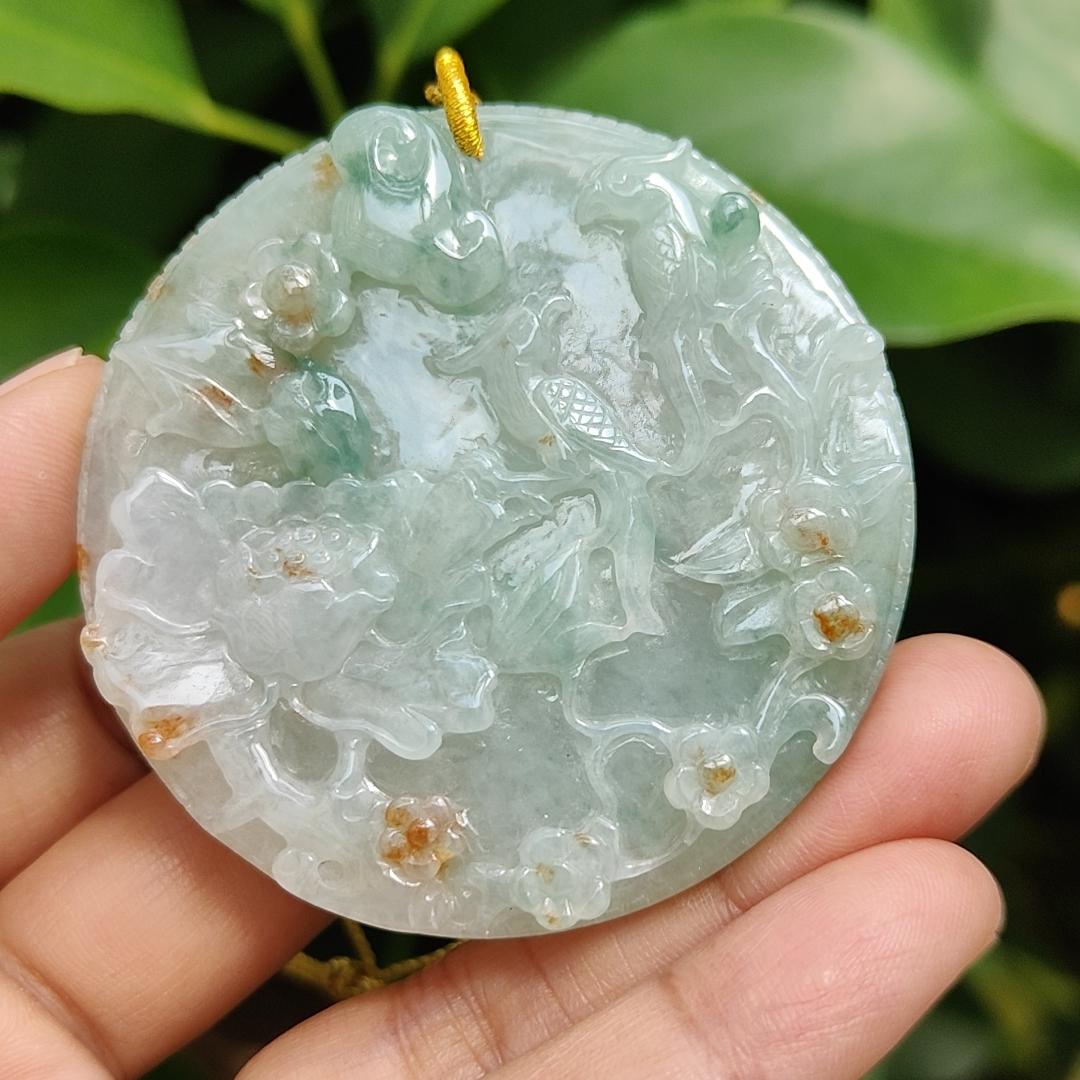 Crafted with Flowers and Birds on Light Green Hue with Green and Golden Yellow Patches Natural Type A Jadeite Jade as Pendant, certificate weighs 39.24 grams, measurement 56.3 * 56.3 * 7.2 mm (pendant307) Yi Pin Qian Jadeites Jade Jewelry ~Your Precious Quintessential ~ Singapore