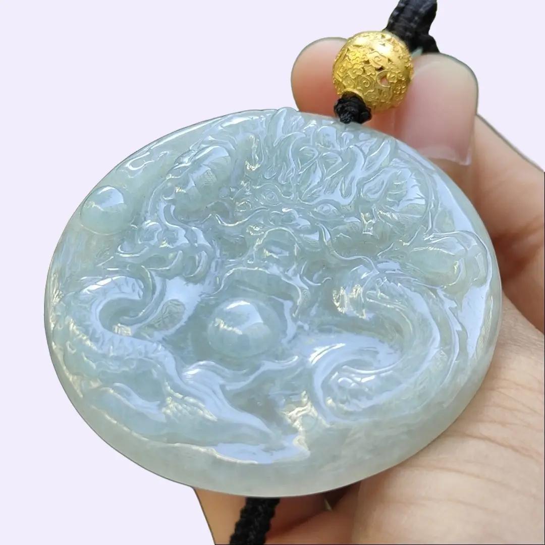 Round Shape Dragon Pendant Natural Type A Jadeite Jade added with one 18k Bead, certificate weighs 27.7 grams, measurement 50 * 50 * 6.1 mm (18kp90) Yi Pin Qian Jadeites Jade Jewelry ~Your Precious Quintessential ~ Singapore