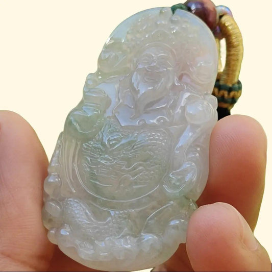 High Quality Icy Translucent Light Green Natural Type A Jadeite Jade crafted with Fortune God as Pendant, certificate weighs 16.37 grams, measurement 50.8 * 29.2 * 6 mm (pendant265) Yi Pin Qian