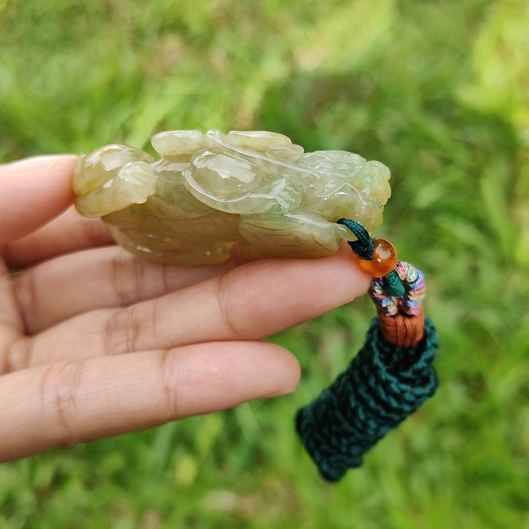 Premium Yellow Natural Type A Jadeite Pendant Necklace Crafted as Pixiu with Ruyi and Coin, certificate included weigh 39.48 grams, measurement 56.8 * 28.8 * 13 mm, suitable for daily wear and collectible (pendant41) Yi Pin Qian