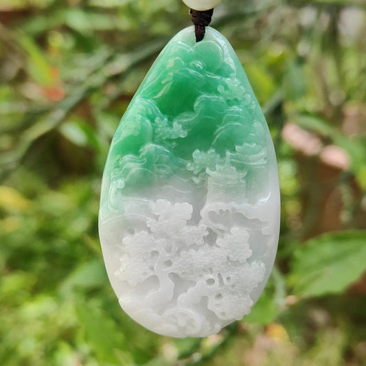 Light Purple with Light Green Double Tones Natural Type A Jadeite pendant carve with scenes come with certificate weight 26.36 grams, 57.30 * 32.20 * 7.10 mm suitable for your daily wear or for collection (pendant116) Yi Pin Qian