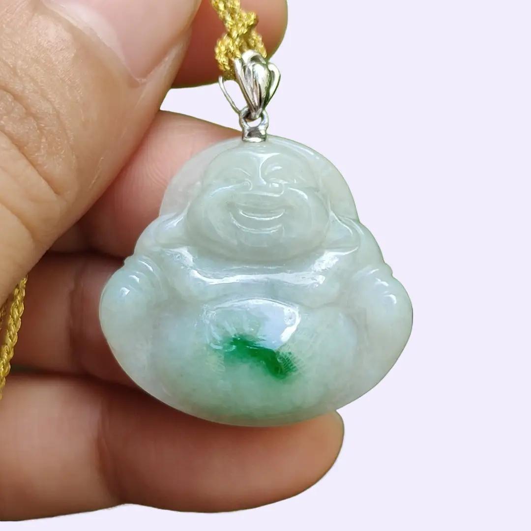 18k Gold Crasp added for Pendant crafted as Milo Buddha with Green Patch Natural Type A Jadeite Jade, certificate weighs 5.01 grams, measurement 24.3 * 25.8 * 5.8 mm (18kp73) Yi Pin Qian Jadeites Jade Jewelry ~Your Precious Quintessential ~ Singapore