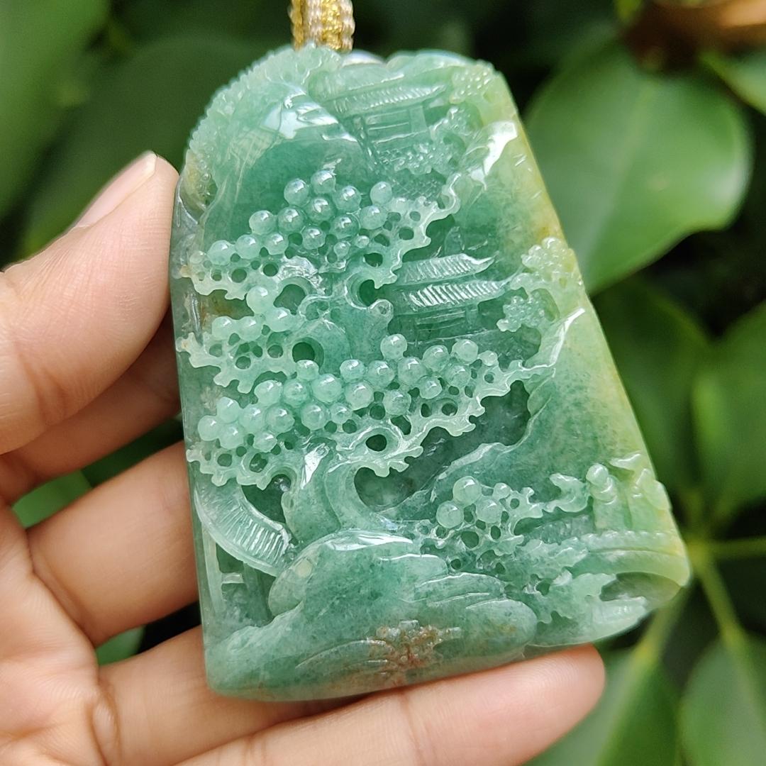 Big Jadeite-Jade, Green with Brown Natural Type A crafted with Sceneries as Pendant, Good for Fengshui, certificate weighs 76.47 grams, measurement 67.6 * 50 * 10.8 mm (pendant305) Yi Pin Qian Jadeites Jade Jewelry ~Your Precious Quintessential ~ Singapore