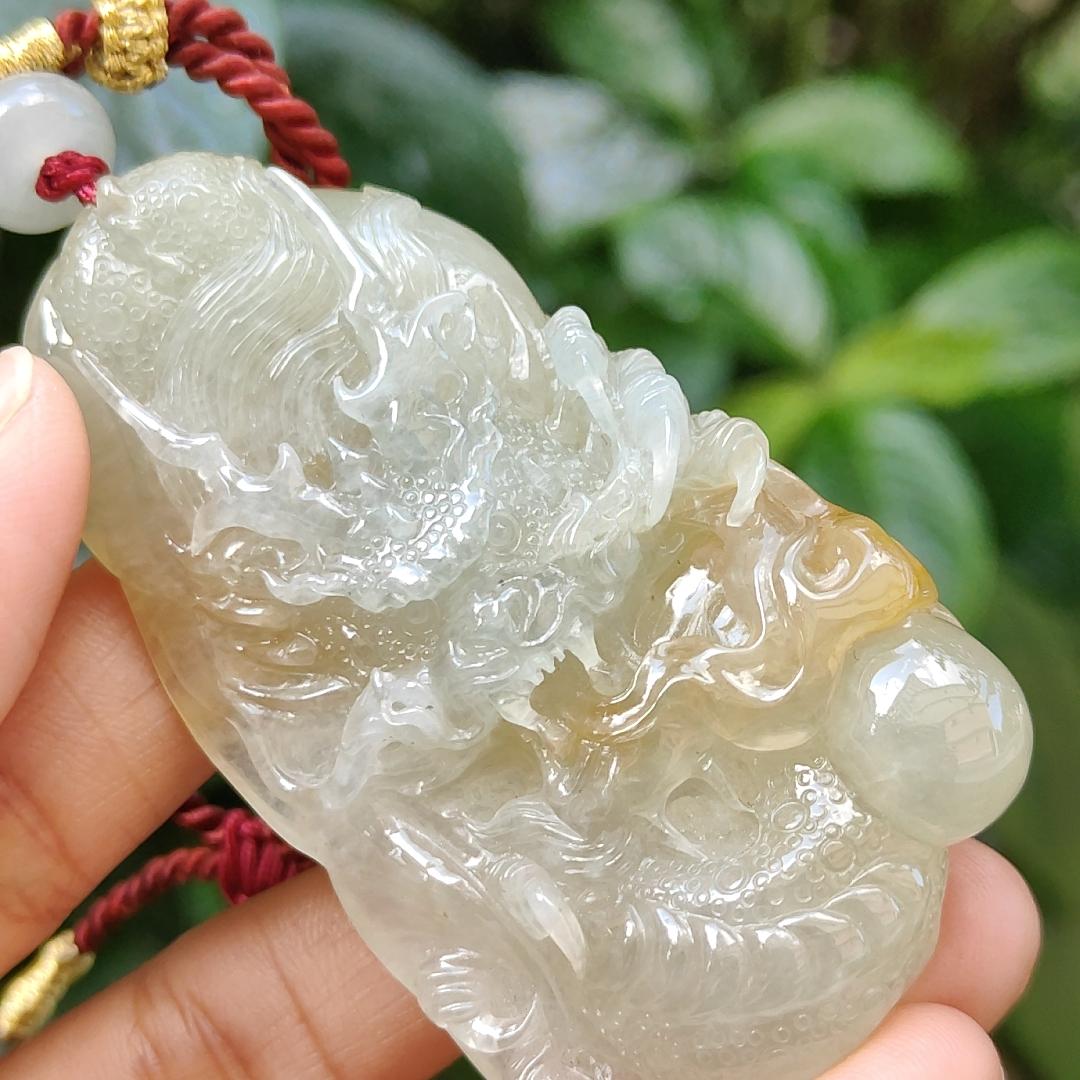 Premium Quality Yellow Natural Type A Jadeite Jade crafted with Dragon as Pendant, certificate weighs 53.72 grams, measurement 67.3 * 37.5 * 12.9 mm (pendant240) Yi Pin Qian