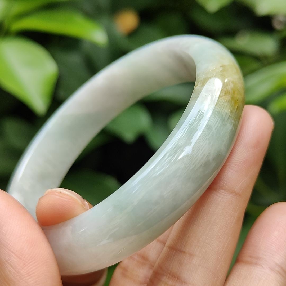 57.8mm, Width 13.7 * Thickness 7.8 mm Peace Bangle Light Green Hue with Brownish Yellow Natural Type A Jadeite Jade certificate weighs 59.44 grams (bangle20) Yi Pin Qian Jadeites Jade Jewelry ~Your Precious Quintessential ~ Singapore