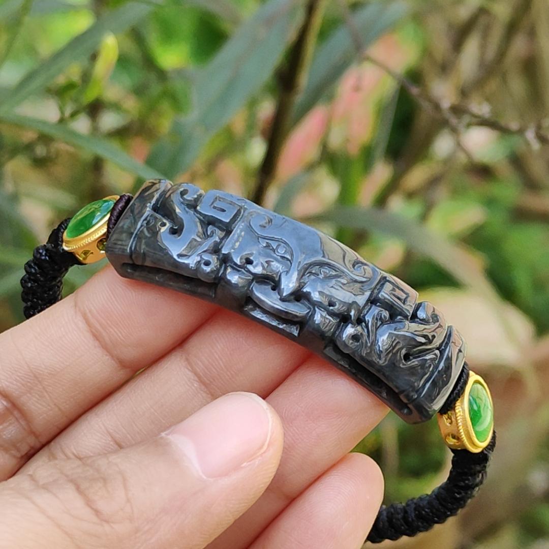 Wuji Black Natural Type A Jadeite Bracelet crafted with Tao Tie, symbols of Power and abundance and Money, with certificate weigh, mm 11.17 grams, 48.8 * 13.3 * 6.9 (bracelet7) Yi Pin Qian