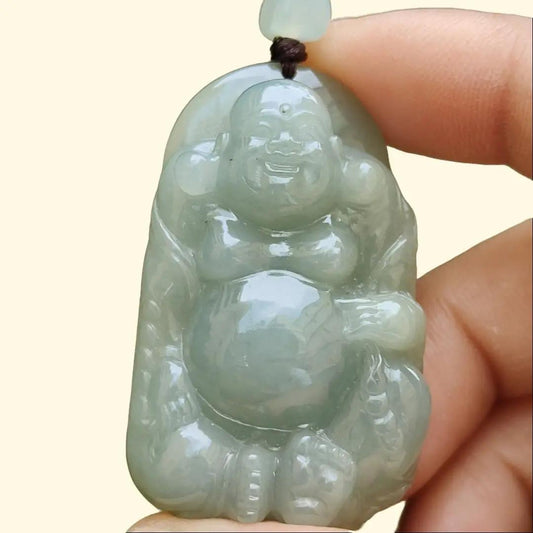 Light Green Natural Type A Jadeite Jade crafted with Milo Buddha as Pendant, certificate weighs 27.52grams, measurement 44.3 * 27.9 * 11.6 mm (pendant248) Yi Pin Qian