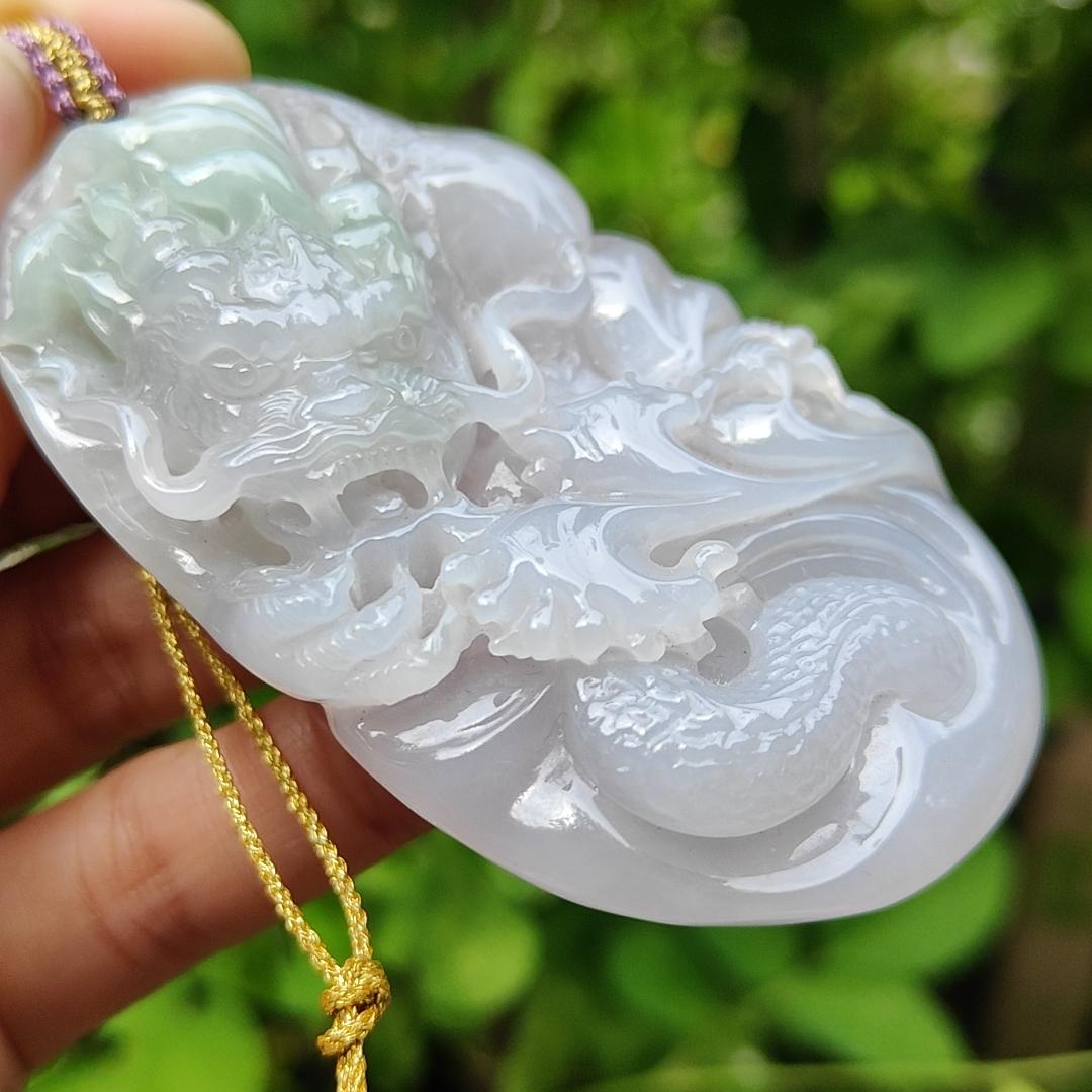 Hugh Dragon #2 Crafted on Natural Type A Jadeite Jade as Pendant, certificate weighs 88.3 grams, measurement 74 * 44.2 * 17 mm (pendant365)