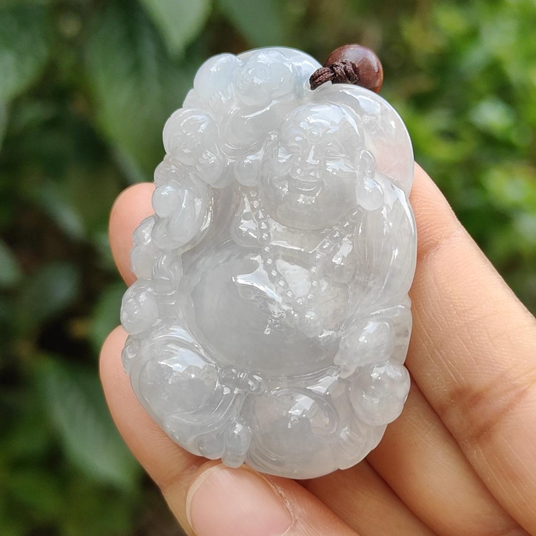 Semi Icy Translucent Natural Type A Jadeite Pendant Necklace Crafted with Milo Buddha with symbols of Be tolerant, smile often, be tolerant and happy, certificate included weigh 45 grams, 54 * 40.5 * 12.3 mm, suitable for daily wear,collection (pendant46) Yi Pin Qian