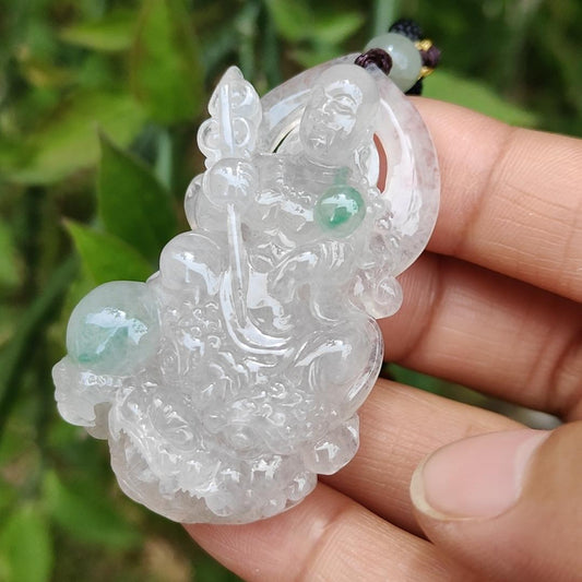 Icy Variety with Glossy Good crafted as Translucency Ksitigarbha Bodhisattva Pendant Necklace with green patches, a Natural Type A Jadeite with certificate included weigh 31.44 grams, 53.3 * 33.2 * 12.3 mm, good for collection or daily wear Yi Pin Qian