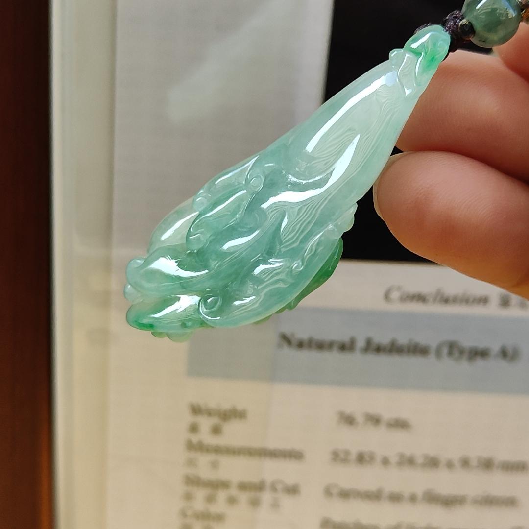 Very Beautiful Finger Citron Natural Type A Jadeite pendant jewelry with NGI Gemstone report weight 76.79 grams 52.83 * 24.26 * 9.38 mm - Highly Translucent very fine grain with patches of light green suffused to a paler ground (pendant151) Yi Pin Qian