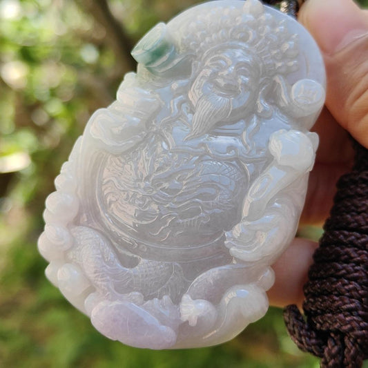Premium Quality Lavender and Green Natural Type A Jadeite Pendant Necklace crafted with Big Fortune God Holding Ruyi with certificate weigh 77.38 grams, 70 * 47 * 11.8 mm (pendant35) Yi Pin Qian