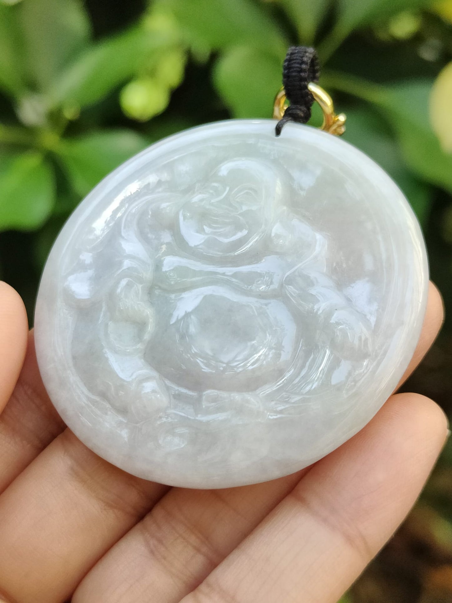 Natural Jadeite Jade Laughing Buddha Pendant with Certificate – Light Green & Lavender Hue (Sku: pendant453)