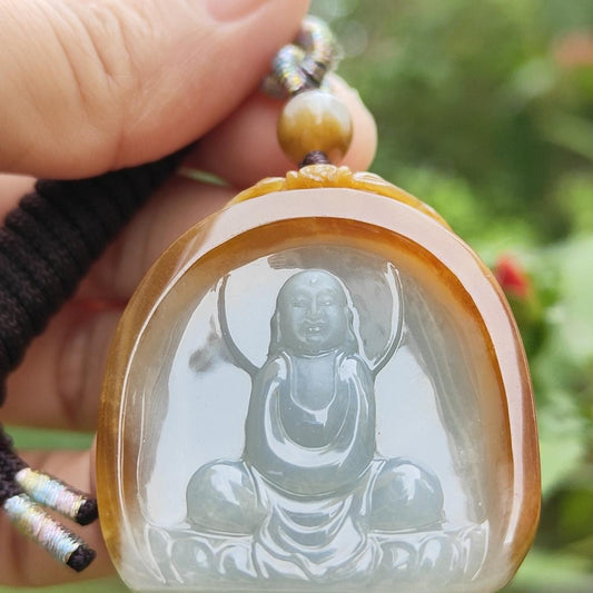 Rare old yellow Natural type A jadeite pendant with certificate carved as buddha seating on lotus weight 26.99 grams, 38.20 * 34.20 * 8.80 mm suitable for daily wear (pendant122) Yi Pin Qian
