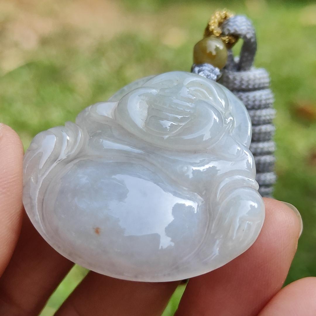 Quality Semi Translucent Natural Type A Jadeite Jade crafted as Milo Buddha as Pendant, certificate weighs 12.57 grams, measurement 37.5 * 38.9 * 6.3 mm (pendant275) Yi Pin Qian