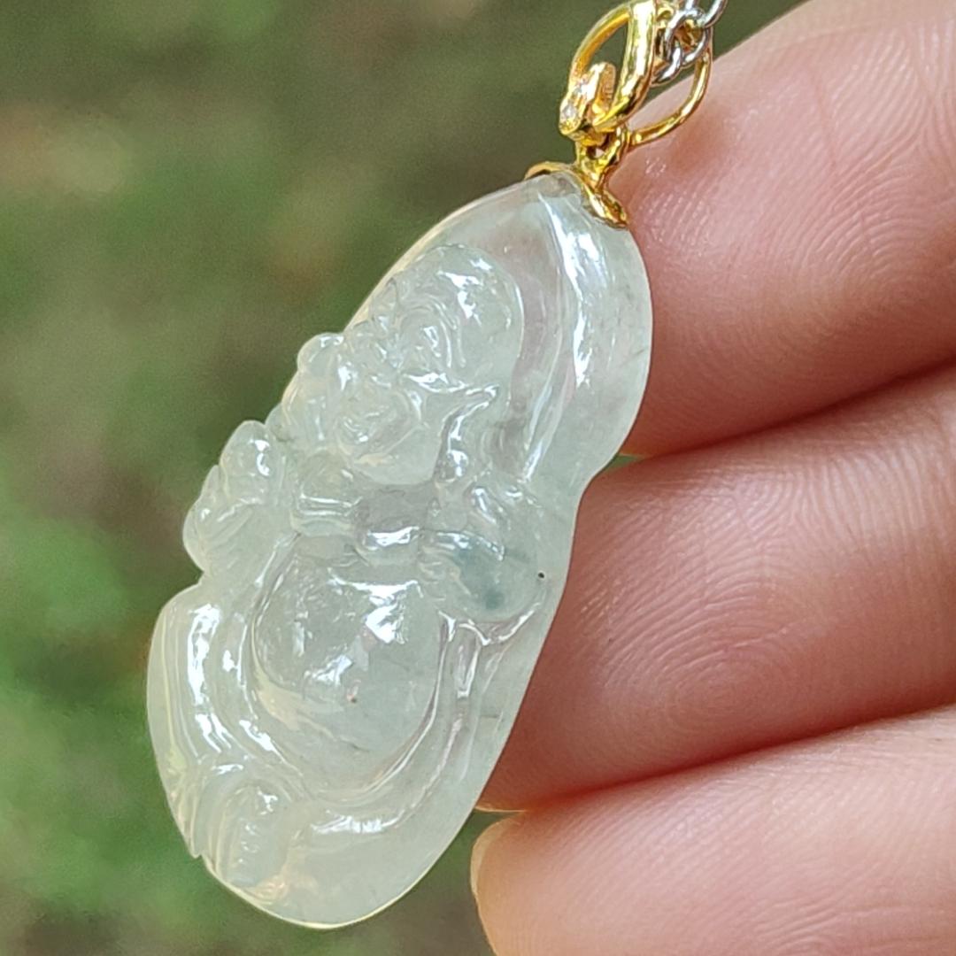#Sold New Arrival Singapore High Quality Light Green Hue Natural Type A Jadeite Jade crafted as Milo Buddha set with 18k gold clasp as Pendant, certificate weighs 6.86 grams, measurement 30.2 * 17.5 * 6.8 mm (18kp70)