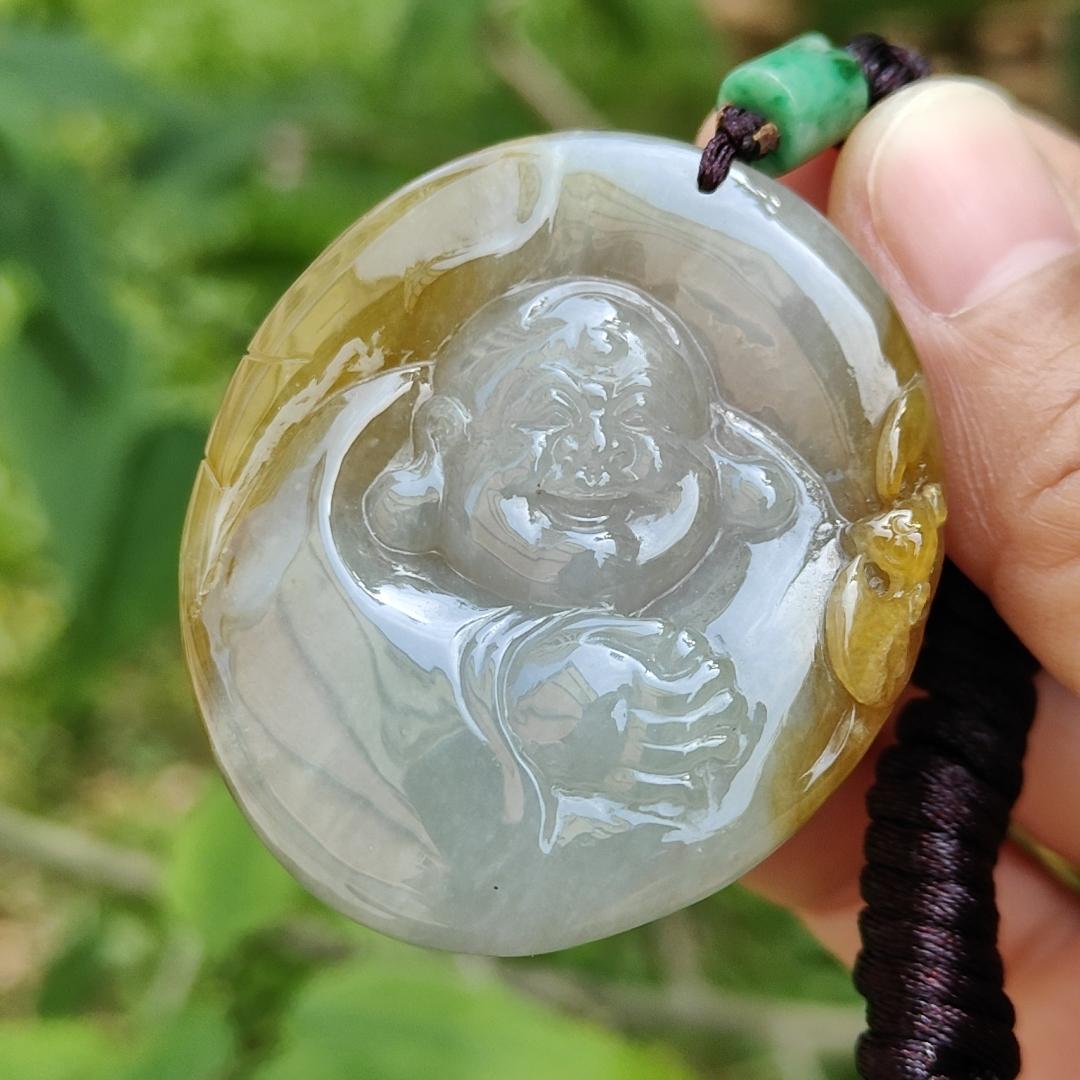 Collectible Yellow with light green Natural Type A Jadeite Jade Pendant Necklace crafted as Milo Buddha, certificate included weigh 38.28 grams, measurement 48.7 * 42.8 * 11 mm (pendant184) Yi Pin Qian