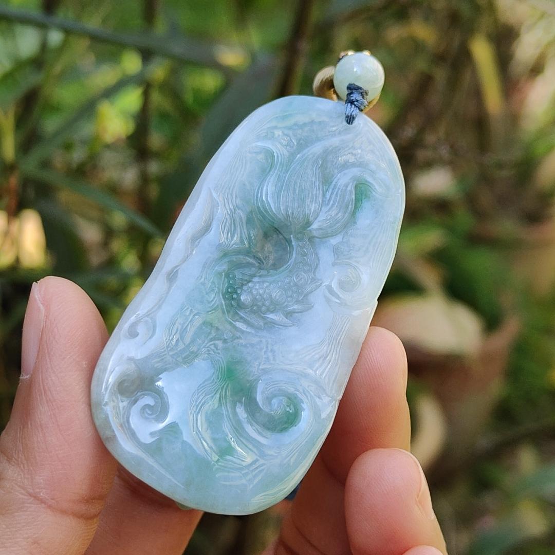Blueish Green Natural Type A Jadeite Pendant Necklace crafted with Dragon and Fengshui Wheel, with QIC approved certificate weigh 39.57 grams, 58 * 29.8 * 12.6 mm, suitable for daily wear (pendant61) Yi Pin Qian