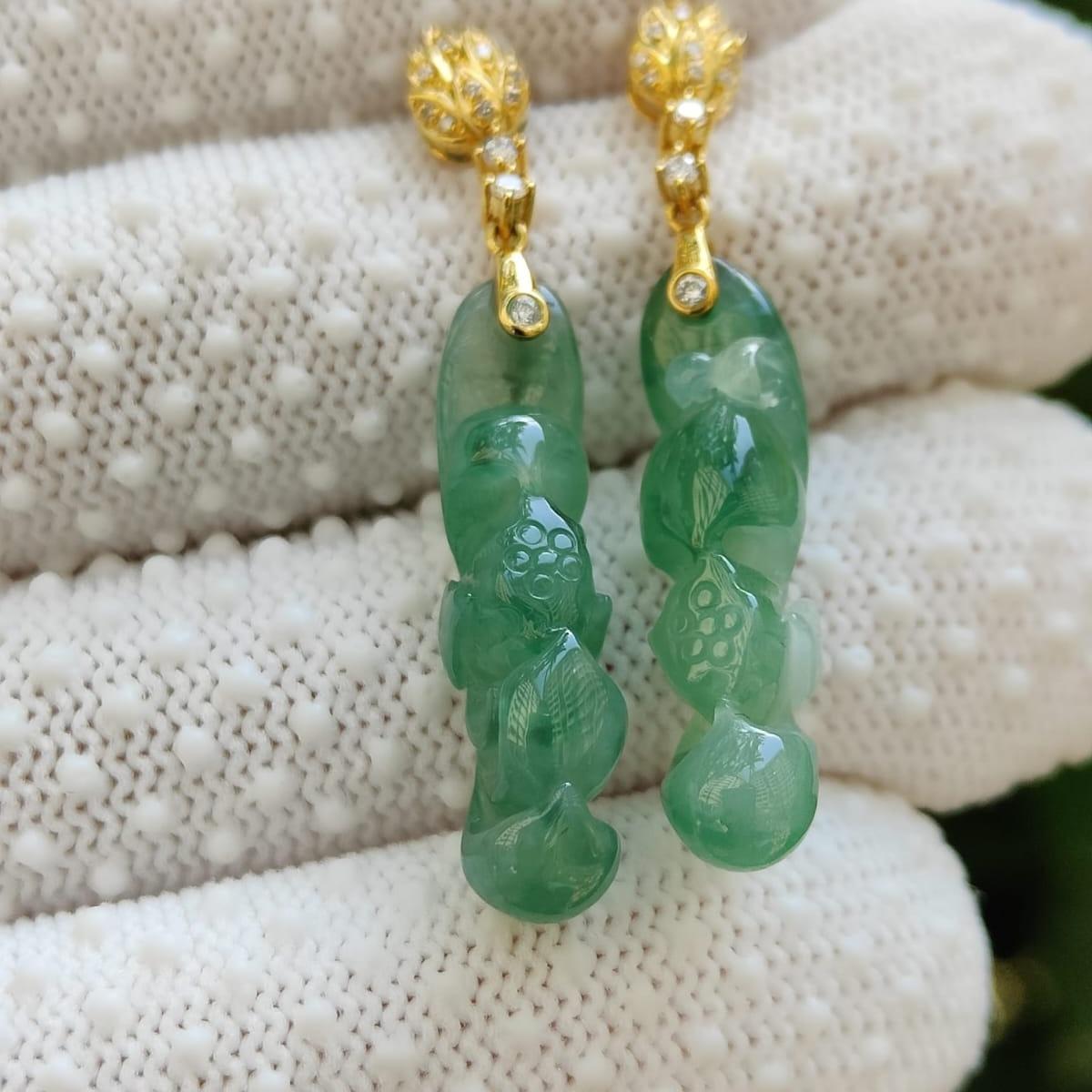 Icy Translucent Lotus Jadeite Stud Earrings – Natural Type A Jadeite, 18K with Diamonds, Symbol of Purity and Elegance (18k08) Yi Pin Qian Jadeites Jade Jewelry ~Your Precious Quintessential ~ Singapore