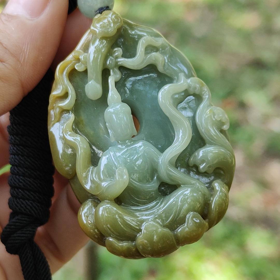 #Sold - Good Quality Yellow and Green Natural Type A Jadeite Jade crafted with Ruyi and Faceless Buddha as Pendant, QIC approved labs certificate weigh 45.18 grams, measurement 53.1 * 38.3 * 14.8 mm (pendant273)