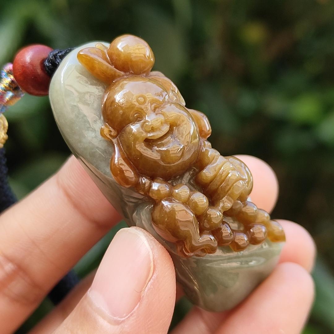Very Rare Good Quality Reddish Yellow and Light Green Natural Type A Jadeite Jade crafted with Milo Buddha as Pendant with certificate weigh 37.43 grams, measurement 50 * 18.5 * 20.3 mm (pendant235) Yi Pin Qian