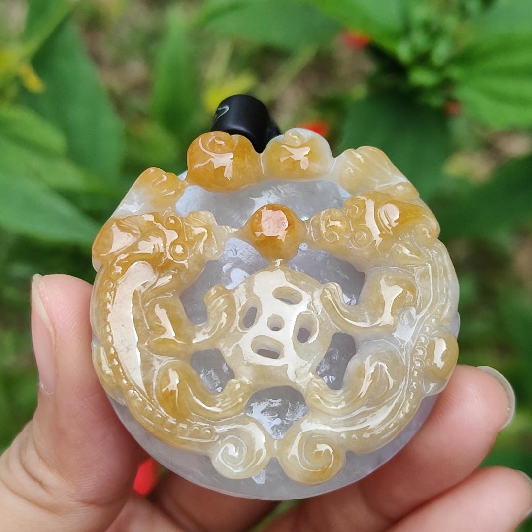 Yellow and Purple with some spreads of red patches Natural Type A Jadeite Pendant Necklace crafted with double pixiu, coin and bat boosting your luck, money and blessing, certificate included weigh 41.87 grams, 45 * 44.9 * 13 mm Yi Pin Qian