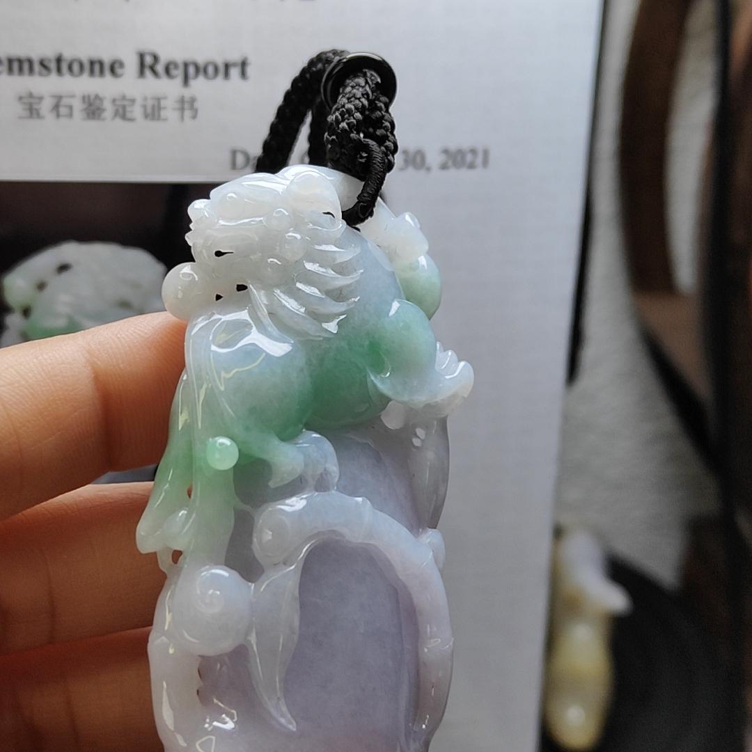 Dual Tone Bamboo with Kirin Natural Type A Jadeite Pendant with Gemstone report from NGI weighs at 253.32 grams , 60.70 * 33.75 * 12.81 mm , Translucent light lavender with light green patches pendant for your collections (pendant149) Yi Pin Qian