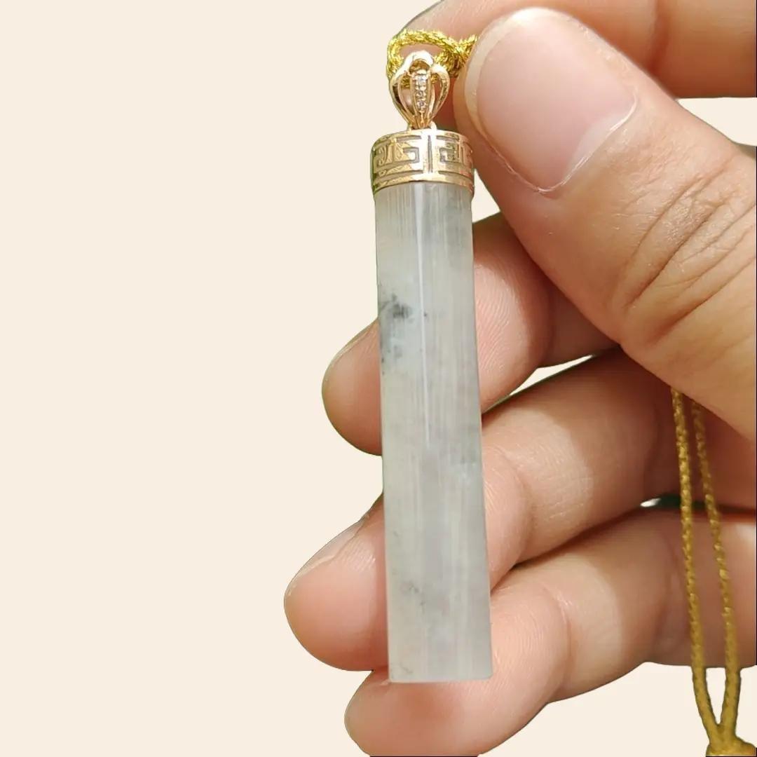 Good Translucent Icy Natural Type-A Jadeite-Jade crafted with shape of cylindrical set with 18k gold clasp as Pendant, certificate weighs 6.96 grams, measurement 43.8 * 8.1 * 7.1 mm (18kp64) Yi Pin Qian Jadeites Jade Jewelry ~Your Precious Quintessential ~ Singapore