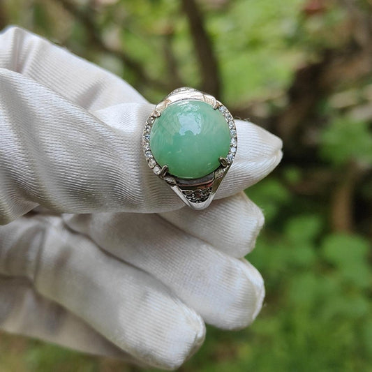 Apple Green Natural Jadeite Jade Cabochon 13.9 * 14.2 * 6.2 mm set on S925 as a Ring for Men with QIC labs approved certificate weigh 7.03 grams (s925ring5) Yi Pin Qian