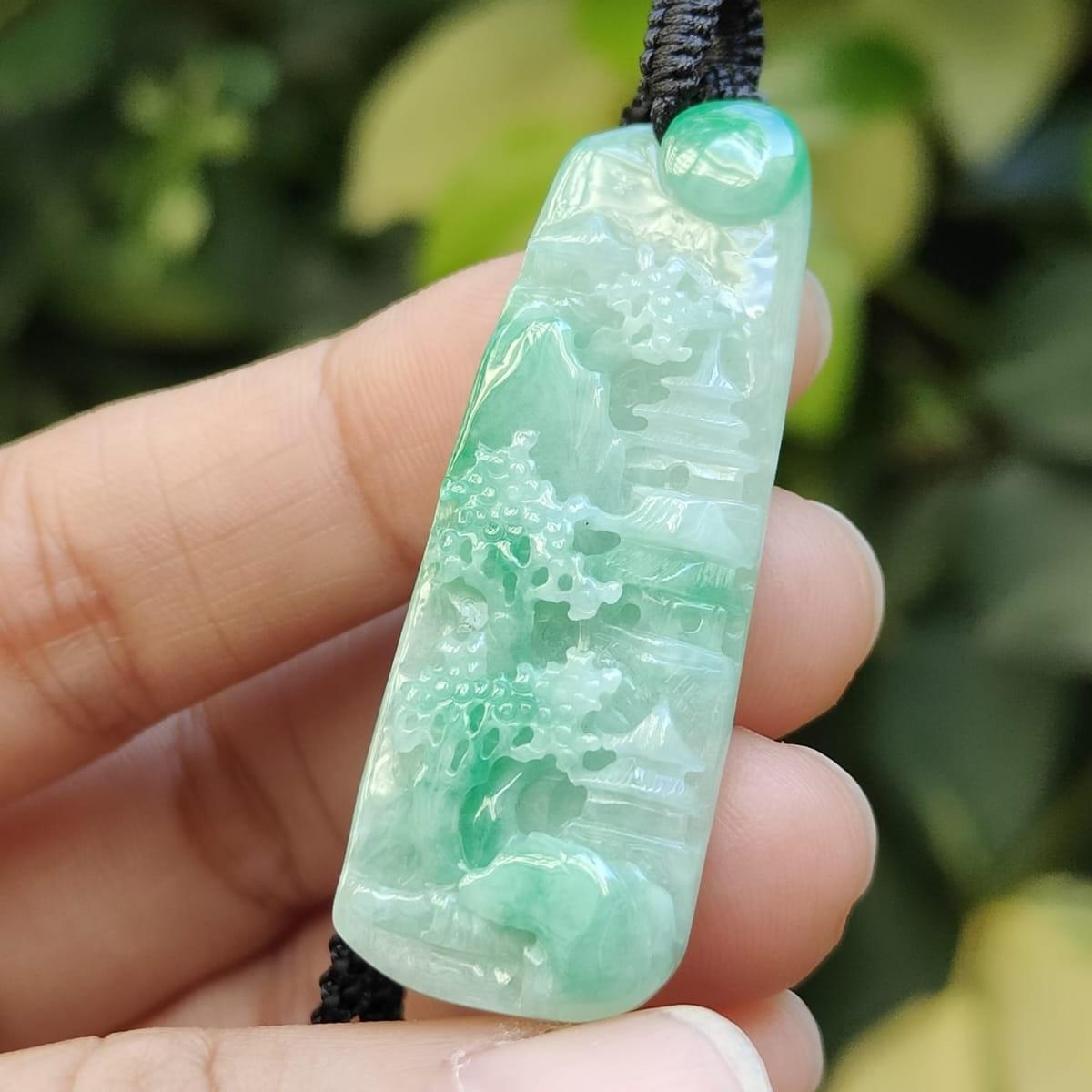Beautiful Pendant crafted with scenery on Natural Type A Jadeite Jade certificate weigh 7.06 grams, measurement 44.2 * 16.1 * 5.3 mm (pendant383) Yi Pin Qian Jadeites Jade Jewelry ~Your Precious Quintessential ~ Singapore