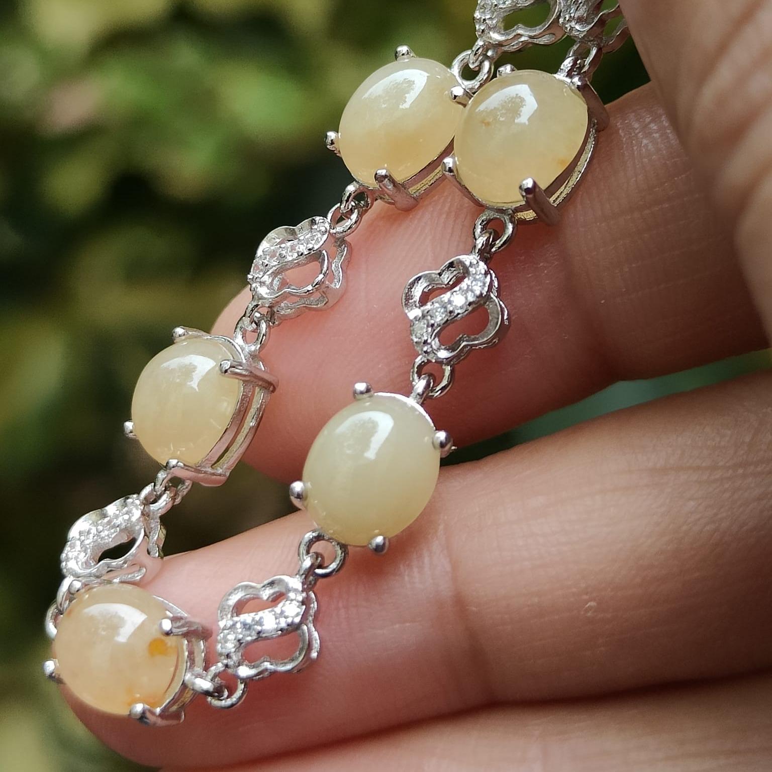 5 Good size Quality Brownish Yellow Cabochons crafted on Natural Type A Jadeite Jade set on S925 as Bracelet certificate weighs 5.43 grams (s925b3) Yi Pin Qian Jadeites Jade Jewelry ~Your Precious Quintessential ~ Singapore