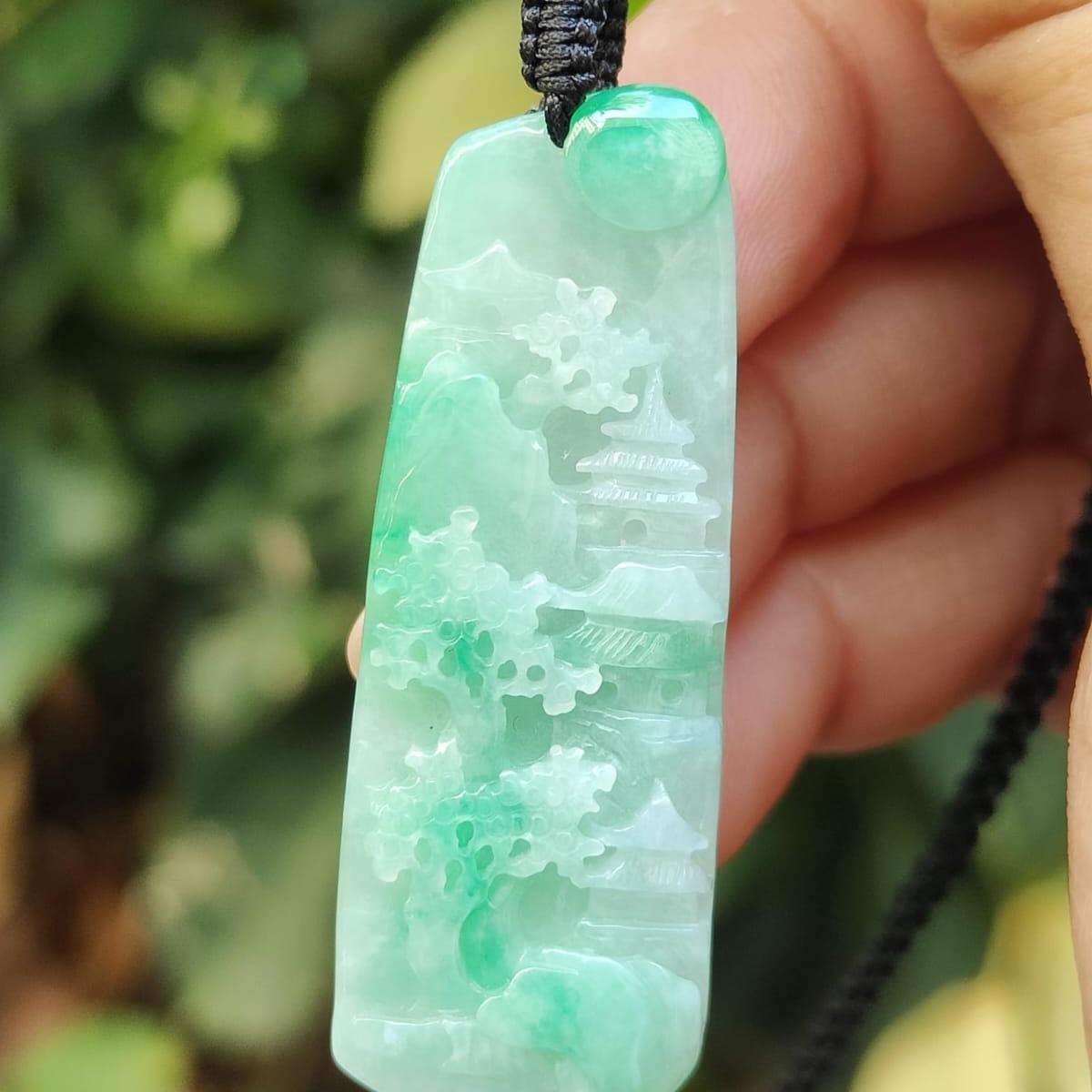 Beautiful Pendant crafted with scenery on Natural Type A Jadeite Jade certificate weigh 7.06 grams, measurement 44.2 * 16.1 * 5.3 mm (pendant383) Yi Pin Qian Jadeites Jade Jewelry ~Your Precious Quintessential ~ Singapore