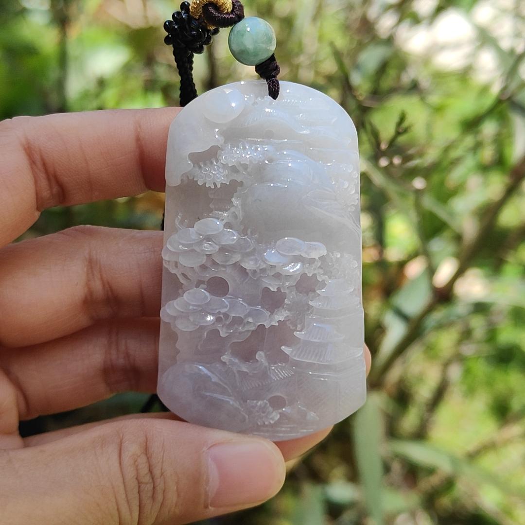 Light Lavender with red patches Natural Type A Jadeite Pendant Necklace crafted with fengshui scenery, certificate included weigh 44.44 grams, 60.8 * 36 * 9.8 mm (pendant104) Yi Pin Qian