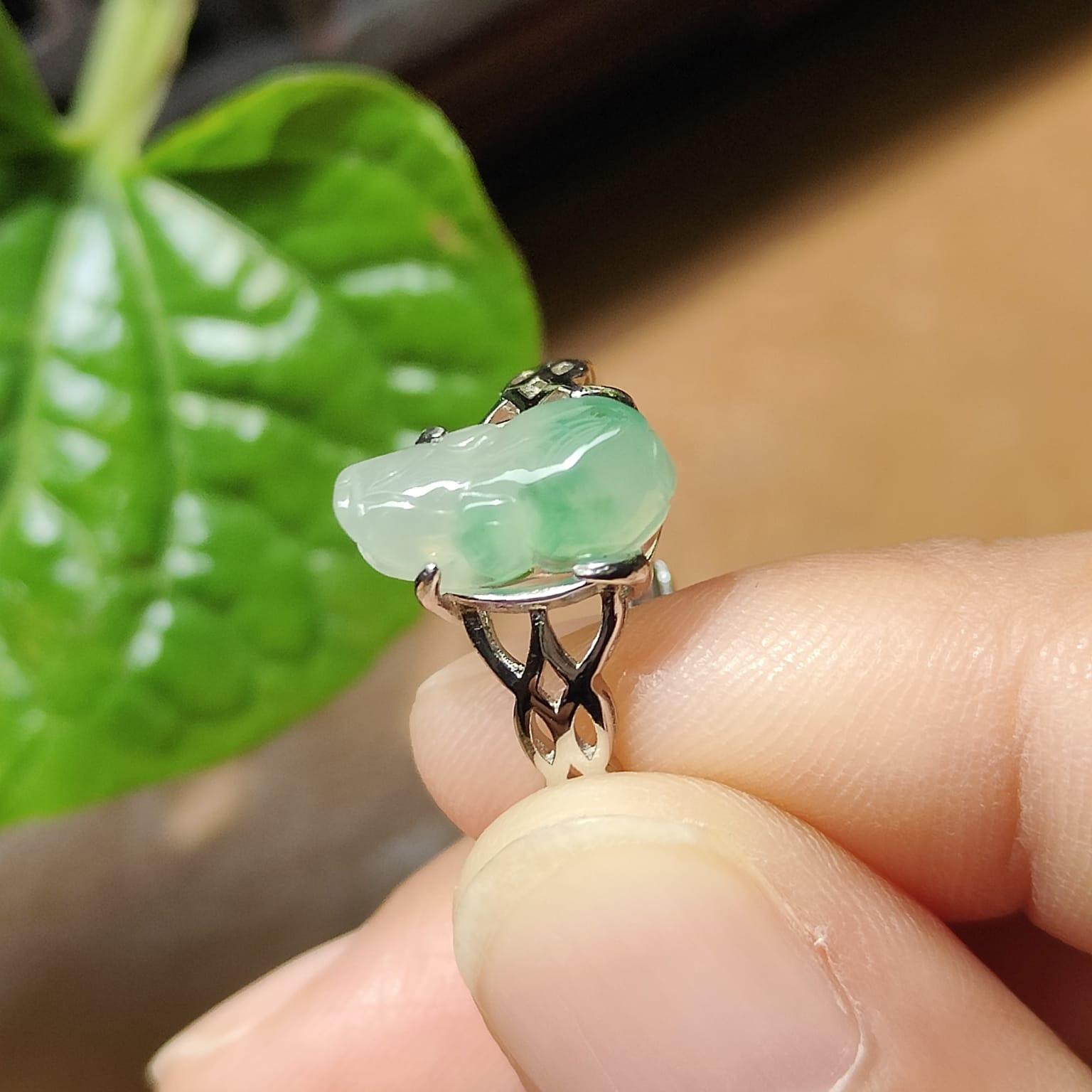Crafted as Pixiu on Light Green Hue with Light Green Patches Natural Type A Jadeite Jade set with S925 as adjustable ring, certificate weighs 2.01 grams, measurement 11.8 * 5.5 * 3.8 mm (s925ring27) Yi Pin Qian Jadeites Jade Jewelry ~Your Precious Quintessential ~ Singapore
