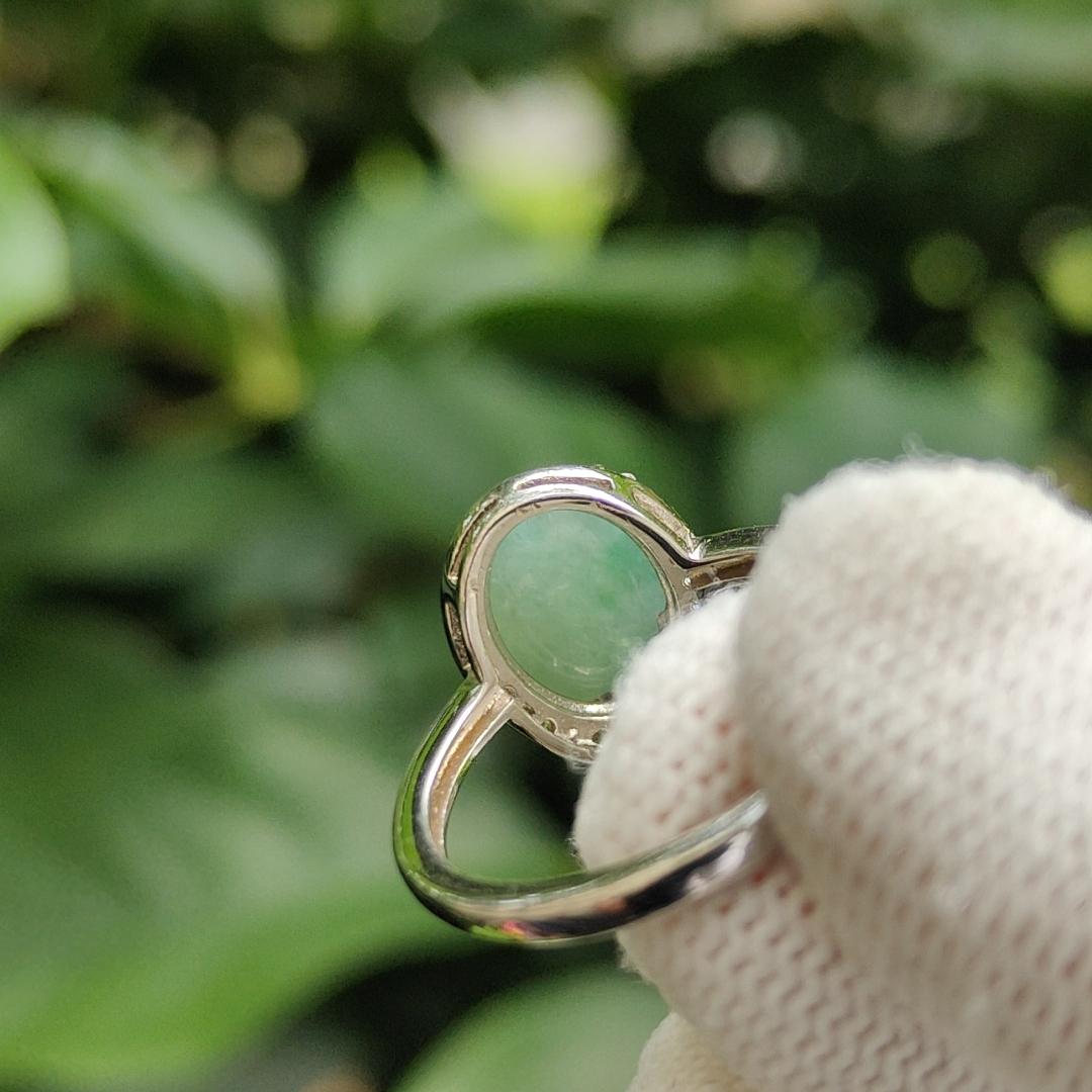 Crafted as Cabochon size 10.7 * 8 * 3mm on Light Green Natural Type-A Jadeite-Jade set with S925 adjustable as Ring, QIC approved Certificate weighs 2.25 grams (s925ring18) Yi Pin Qian Jadeites Jade Jewelry ~Your Precious Quintessential ~ Singapore