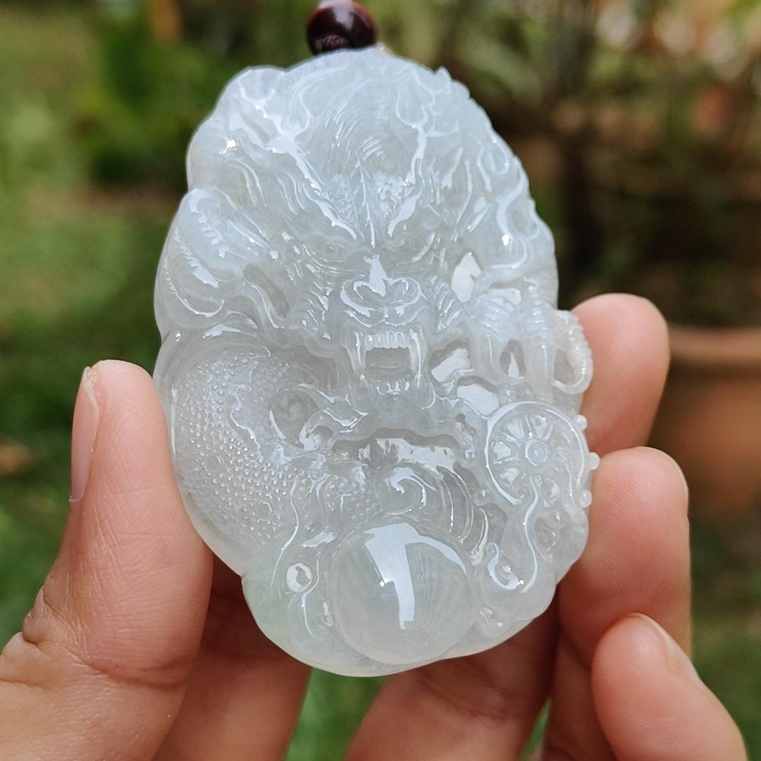 Semi Icy Premium Natural Type A Jadeite Jade crafted as Dragon with certificate weigh 49.63, measurement 64.8 * 42.5 * 10.5 mm (pendant190) Yi Pin Qian
