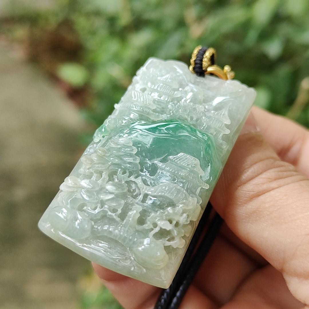 Latest arrival SG Local Seller crafted as sceneries Pendant Light green Hue, Green and white Natural Type A Jadeite Jade, certificate weighs 21.24 grams, measurement 47 * 26.9 * 7.5 mm (pendant353) Yi Pin Qian Jadeites Jade Jewelry ~Your Precious Quintessential ~ Singapore